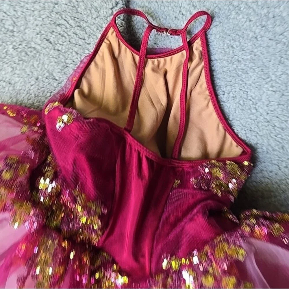 Ballet Dance Fairy Costume Revolution Fucia Maroon Large Child Gold Pink Sequens